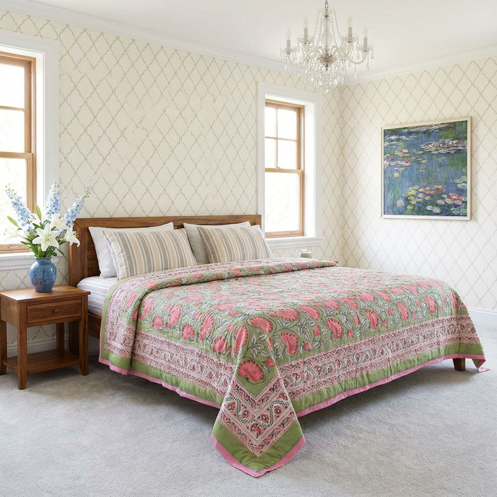 A beautifully styled bedroom featuring a bed dressed in a green and pink floral quilt with a matching patterned throw, set against cream patterned wallpaper and a wooden nightstand.