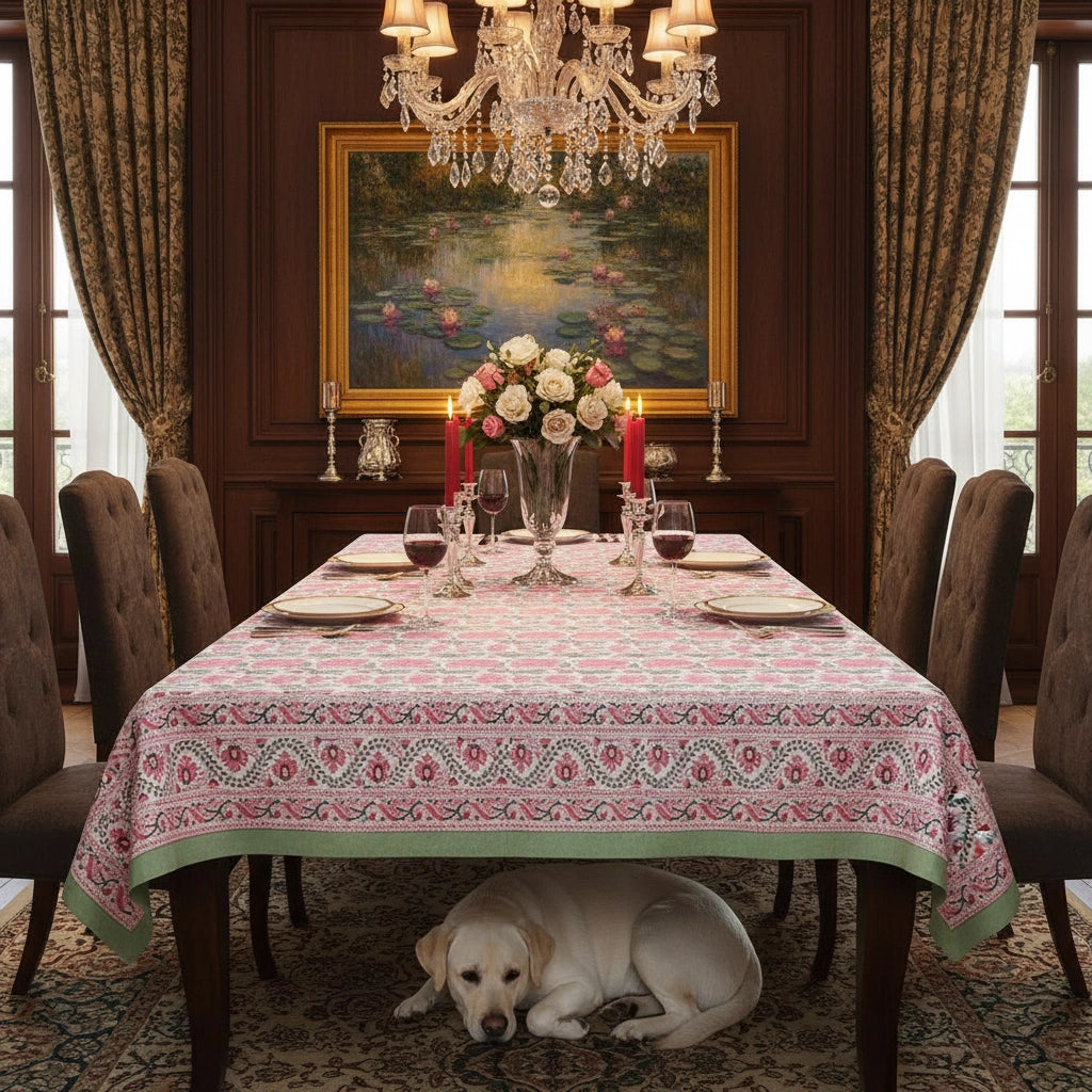 A rectangular dining table covered with a pink and green patterned tablecloth, set with plates, wine glasses, candles, and a floral centerpiece in a decorated dining room. A yellow Labrador retriever is lying under the table, and a chandelier and framed painting are visible in the background.