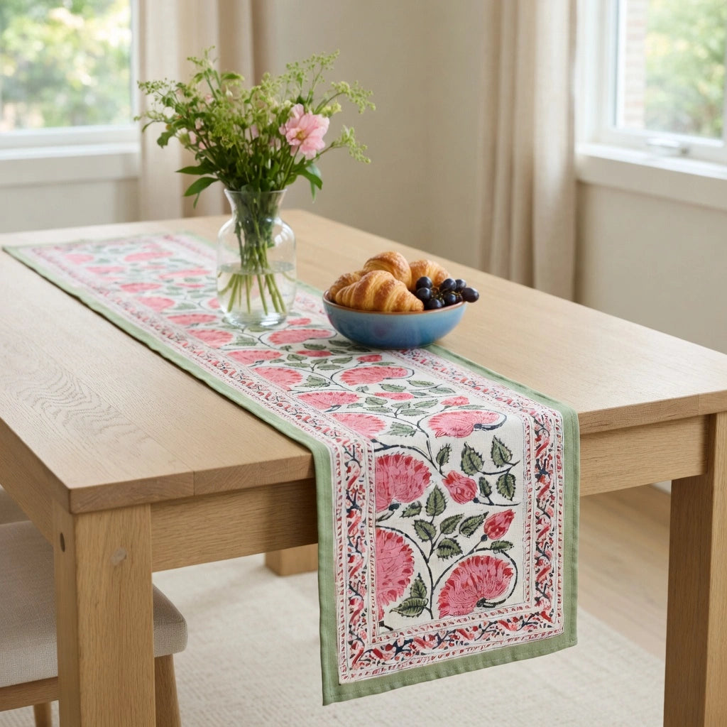 A rectangular table runner with a pink floral and watermelon pattern lies on a light wood dining table in a bright room. A glass vase with flowers and a blue bowl of pastries are placed on top as styling props.