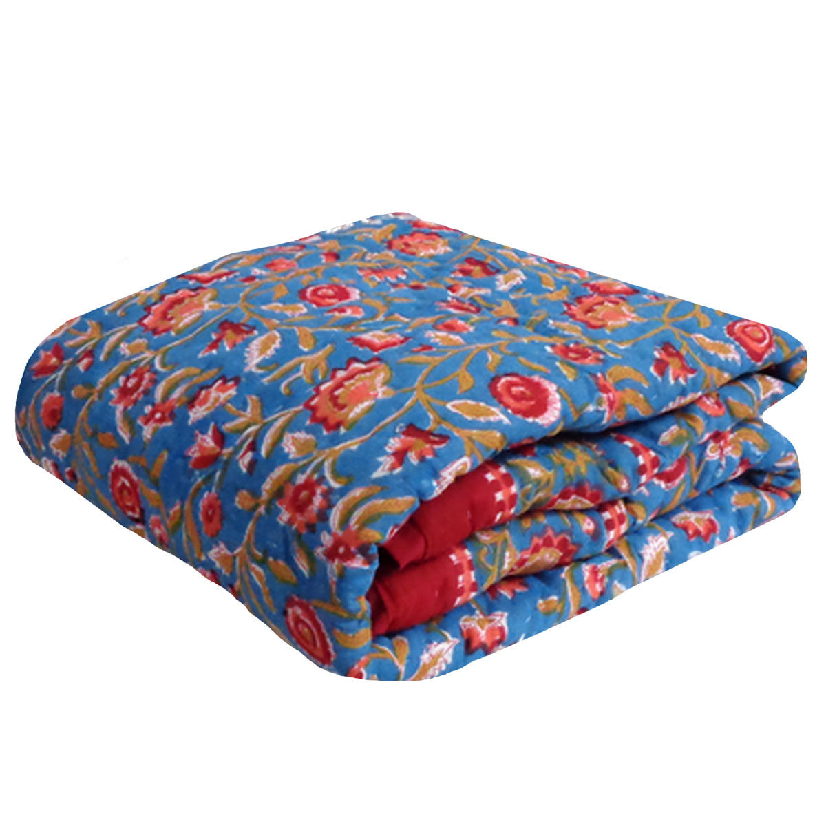 Folded floral quilt with red and orange flowers on a blue background