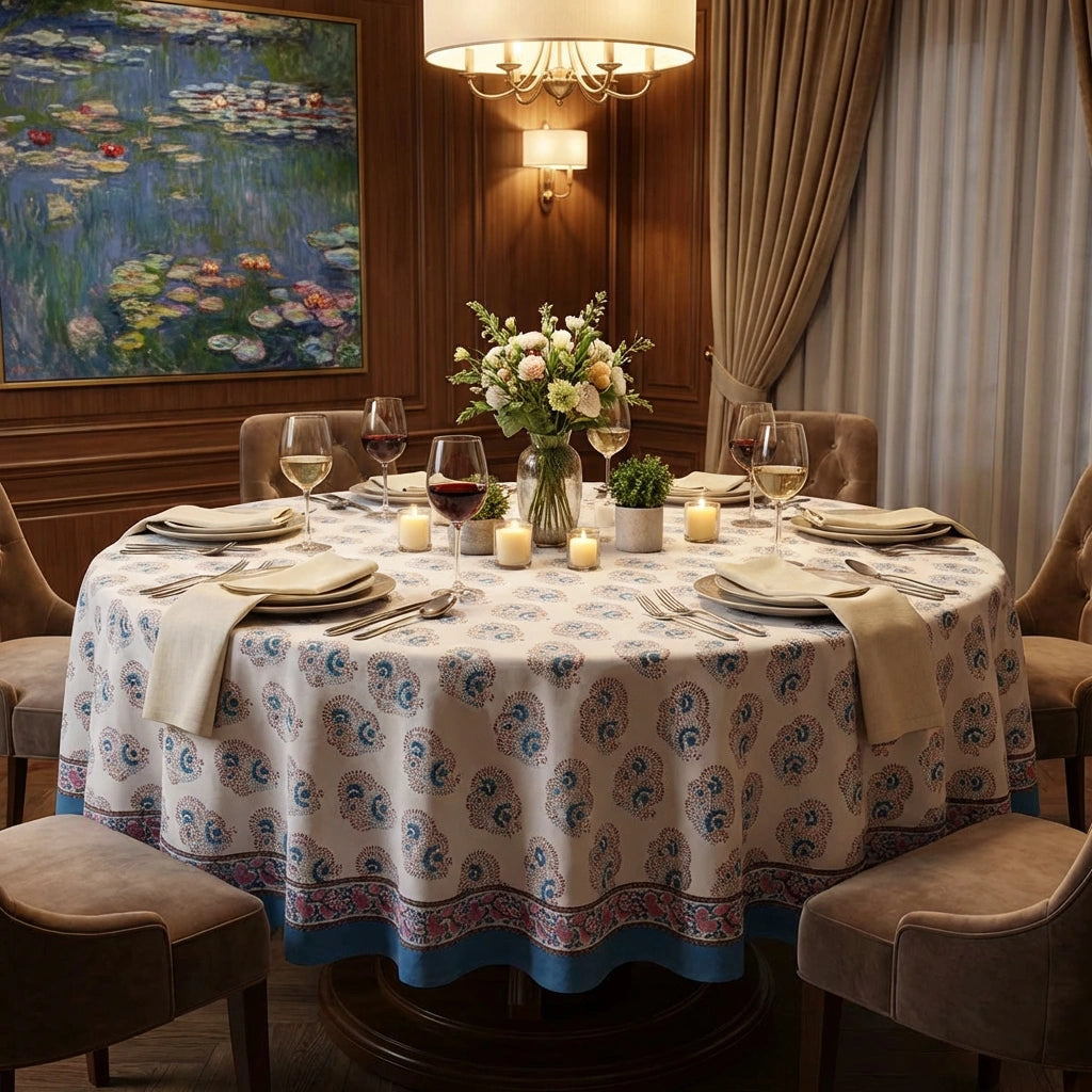 A round dining table covered with a cream tablecloth featuring a blue and purple paisley pattern and a decorative border, set with plates, wine glasses, candles, and a floral centerpiece in a warmly lit dining room.