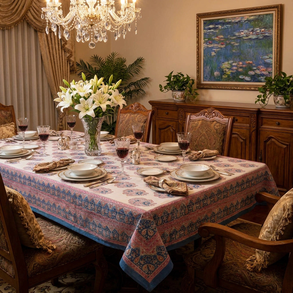 Large Dining Table Cover With Hand Block Designs | Kusum Gulabi Boota 205379