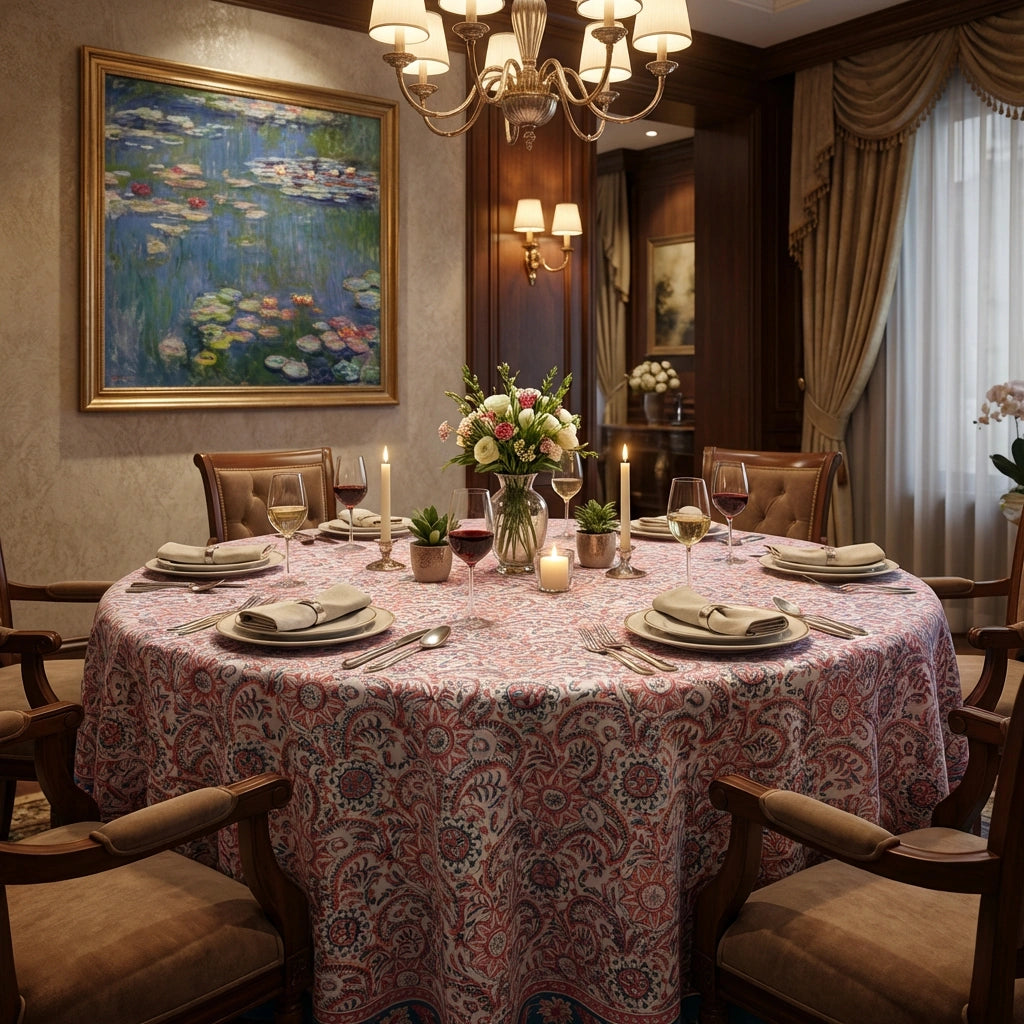 A round dining table set for six in a warm, elegant room, covered with a pink and beige paisley patterned tablecloth. The table is decorated with a floral centerpiece, candles, and wine glasses, surrounded by wooden dining chairs.