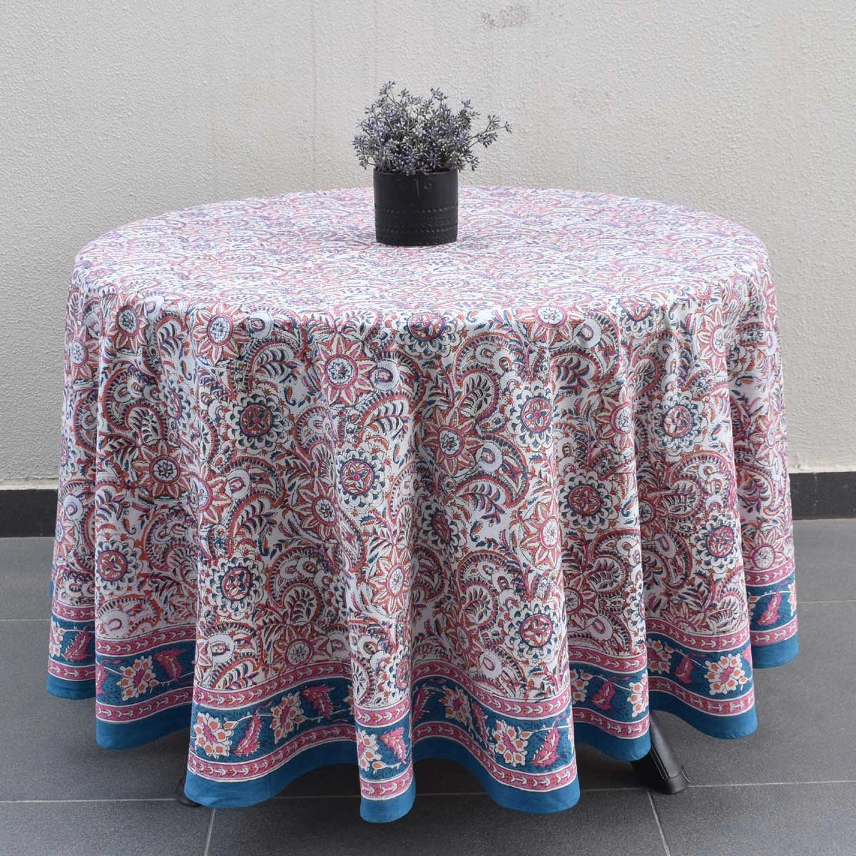 Oversized Round Cotton Tablecloth For Banquet Tables | Kusum Gulabi Jaal 106025