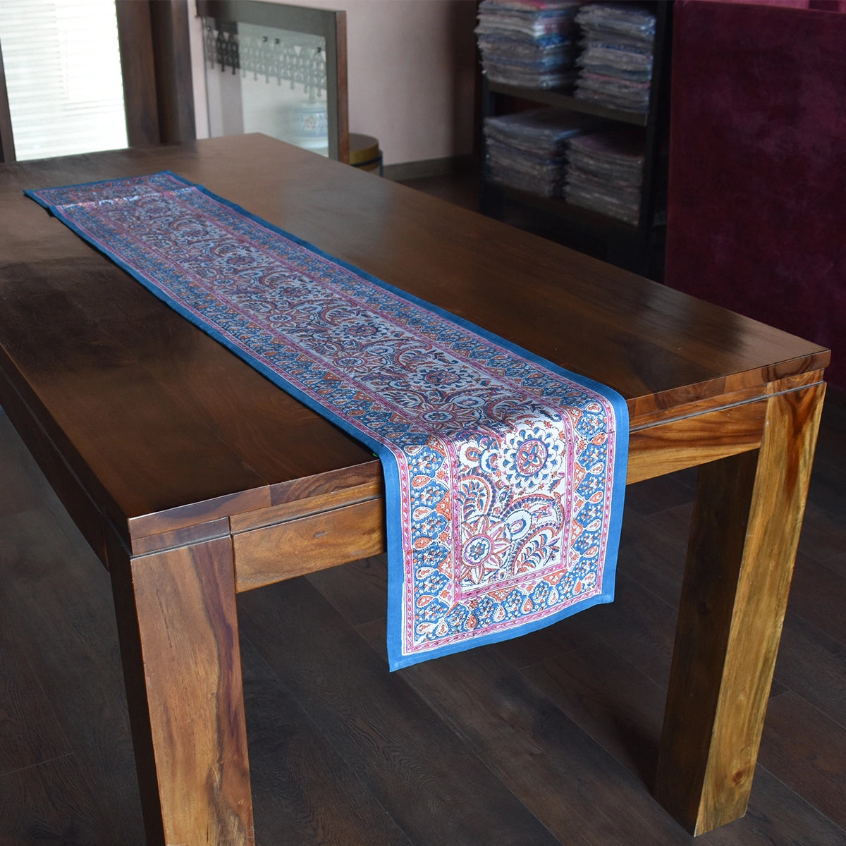 Table Runner With Floral Hand Block Prints | Kusum Gulabi Jaal 106025