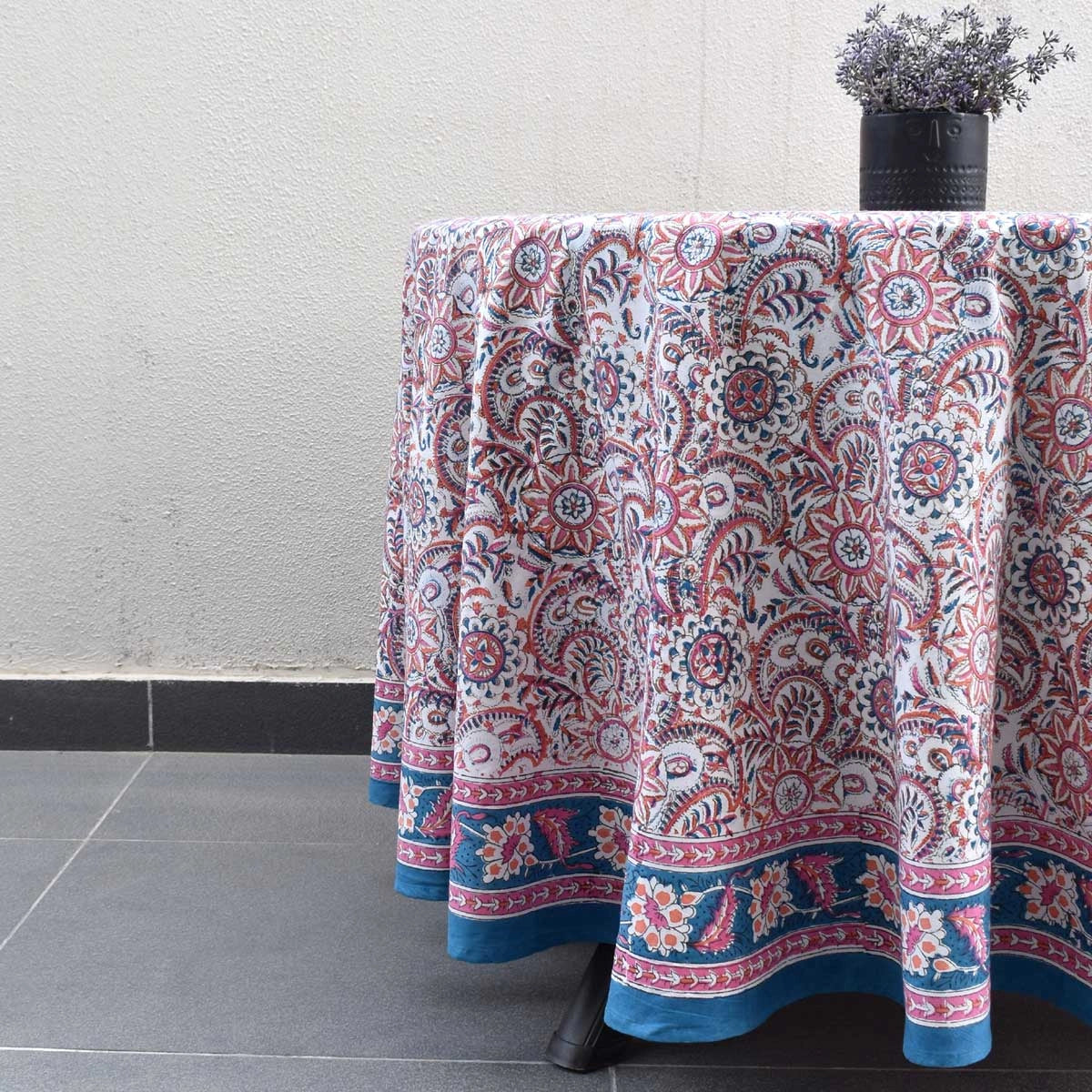 Oversized Round Cotton Tablecloth For Banquet Tables | Kusum Gulabi Jaal 106025