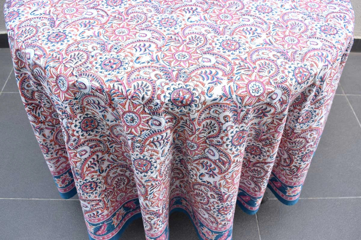 Oversized Round Cotton Tablecloth For Banquet Tables | Kusum Gulabi Jaal 106025
