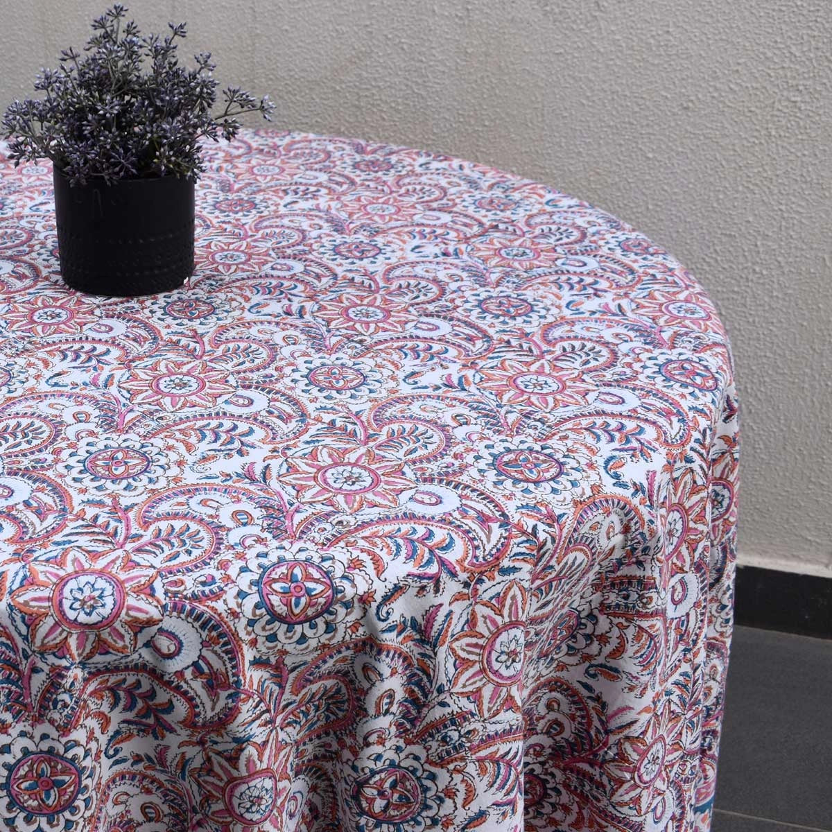 Oversized Round Cotton Tablecloth For Banquet Tables | Kusum Gulabi Jaal 106025