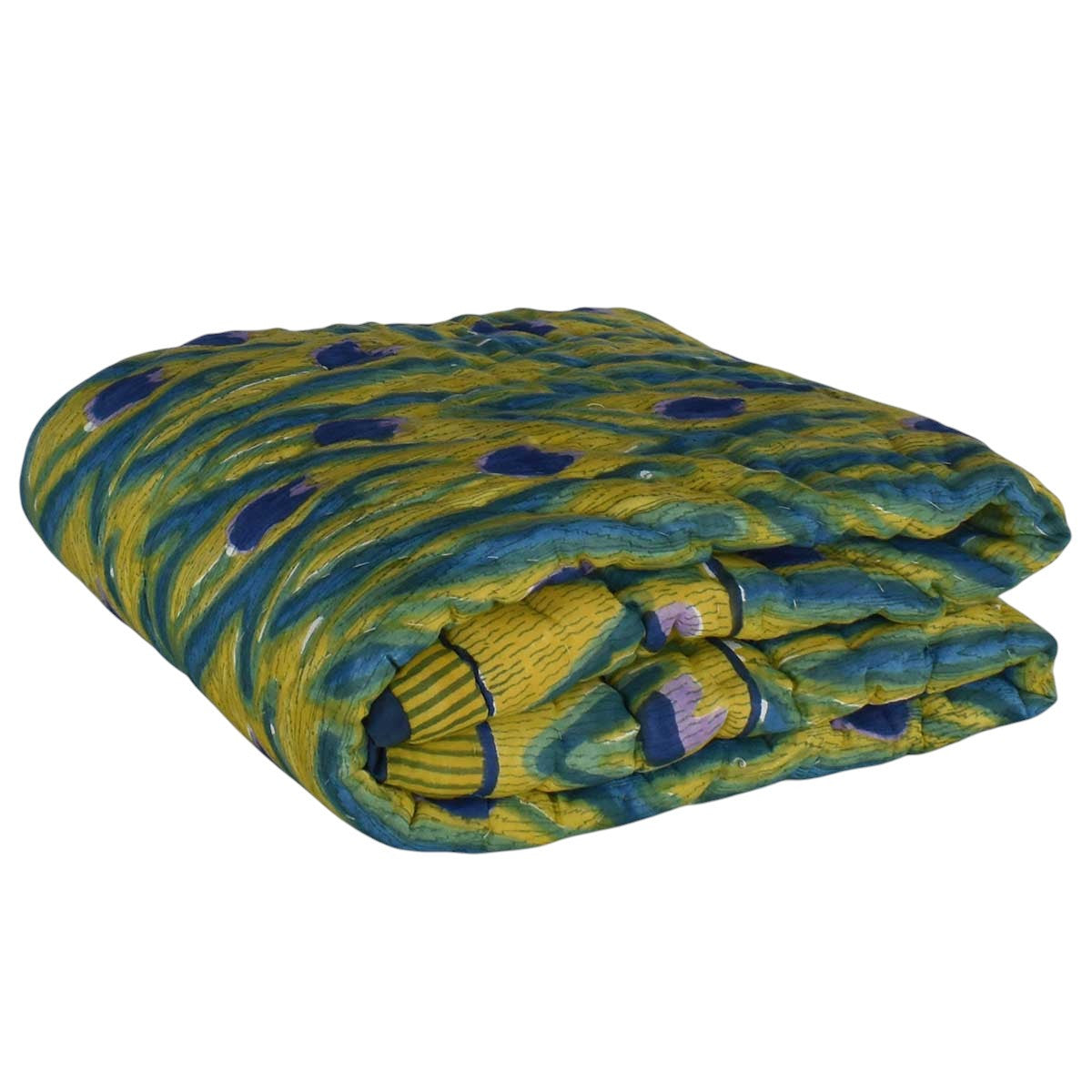 A folded quilted blanket featuring a vibrant yellow and teal pattern with dark blue peacock-feather-like spots, set against a plain white background.