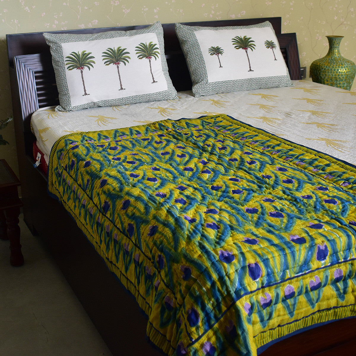Hand Block Printed Baby Quilt –Jaipur Razai | Lambi Patti Tulip Lime 601671