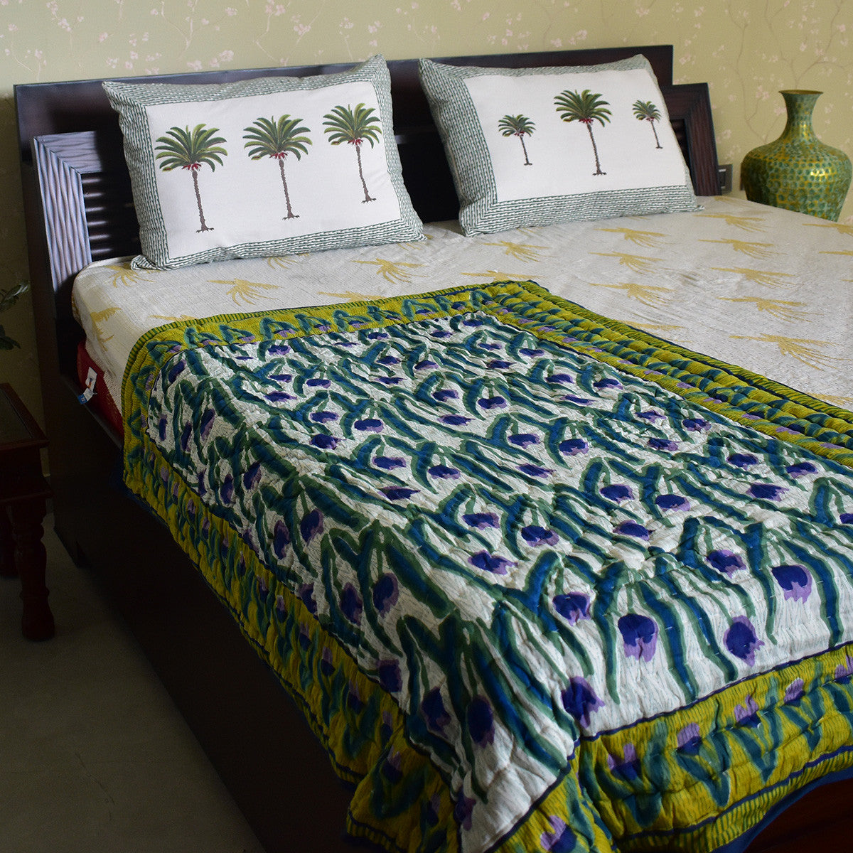 Hand Block Printed Baby Quilt –Jaipur Razai | Lambi Patti Tulip Lime 601671