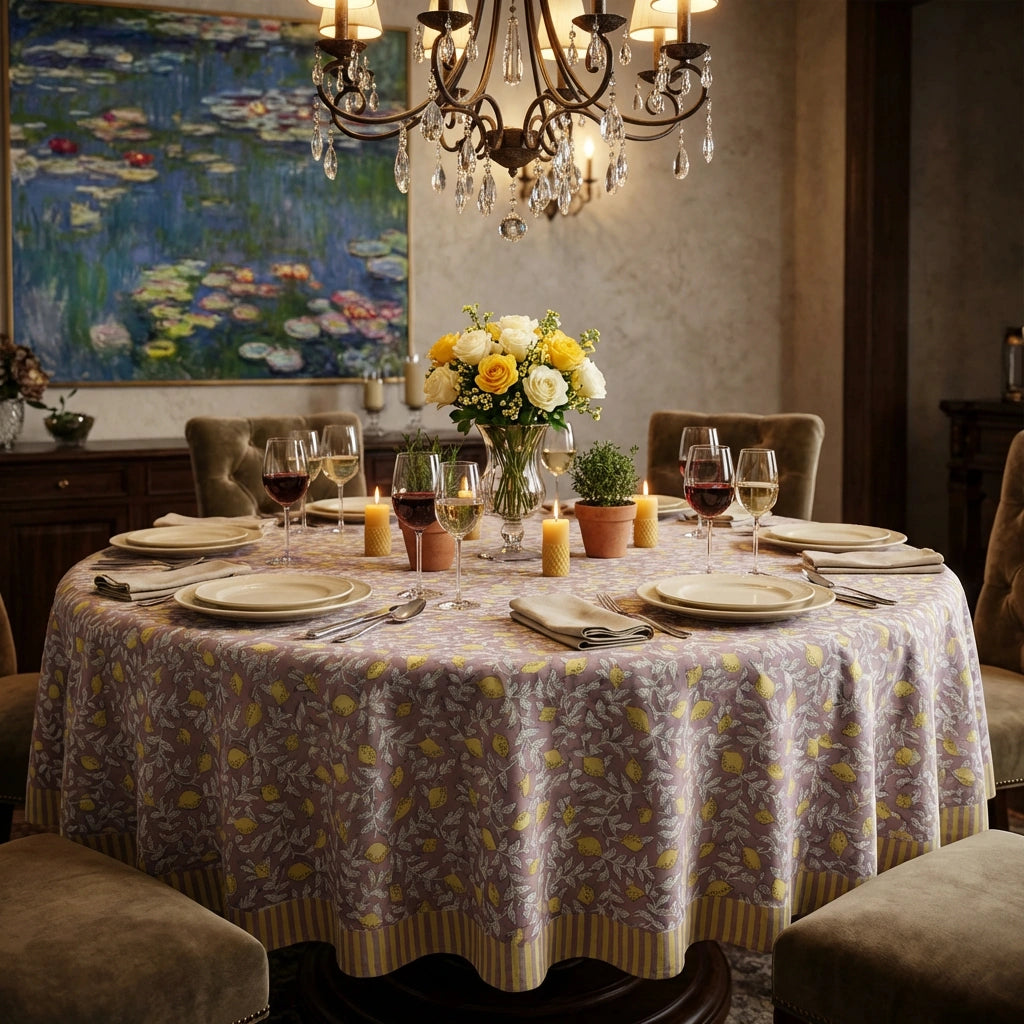 A round dining table covered with a lavender tablecloth featuring a yellow floral and leaf pattern, set with white plates, wine glasses, candles, and a flower centerpiece in a warmly lit dining room.