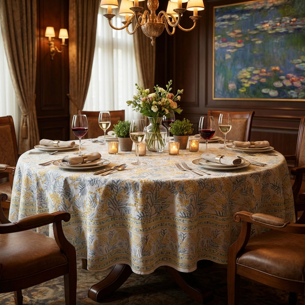 A round dining table set for six with a beige tablecloth featuring a blue botanical pattern, surrounded by brown leather chairs in a warm, dark wood dining room. The table is decorated with a floral centerpiece, candles, and wine glasses.