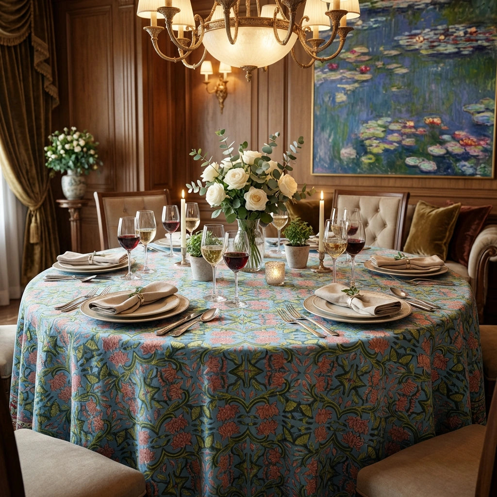 A round dining table covered with a blue floral tablecloth, set with white roses, wine glasses, plates, and candles in a warmly lit, elegant room with wood paneling and a large water-lily painting on the wall.