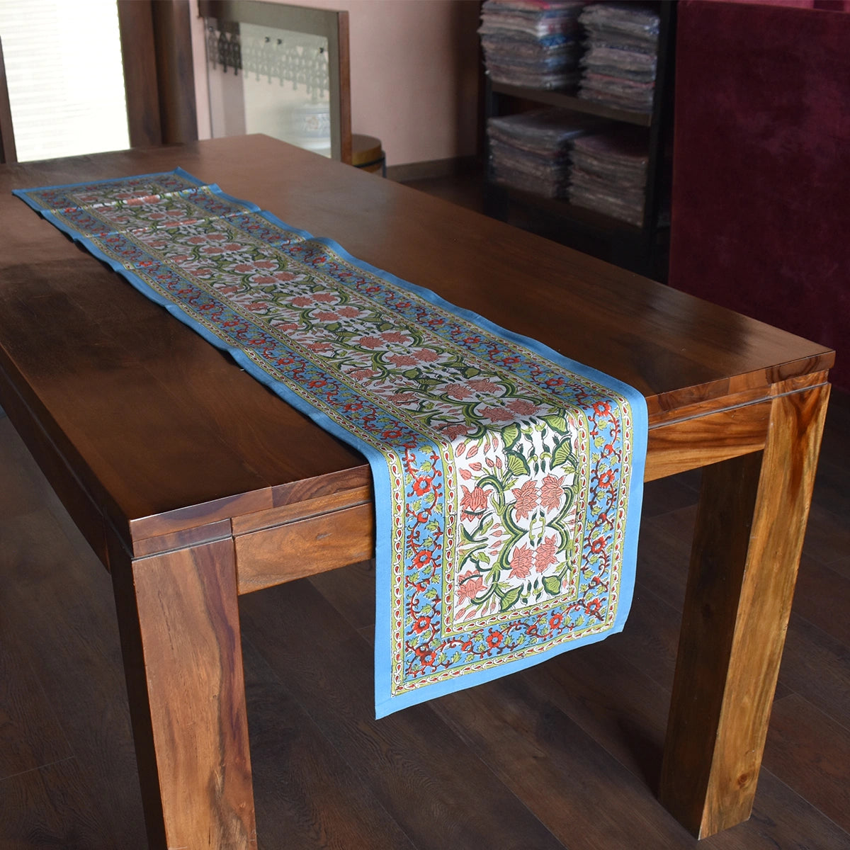 Cotton Canvas Dining Runner For Home Decor | Lotus Green Open 106868