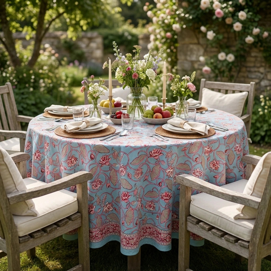 A round outdoor dining table set in a garden with a light blue floral tablecloth, white chairs, candles, and floral centerpieces.