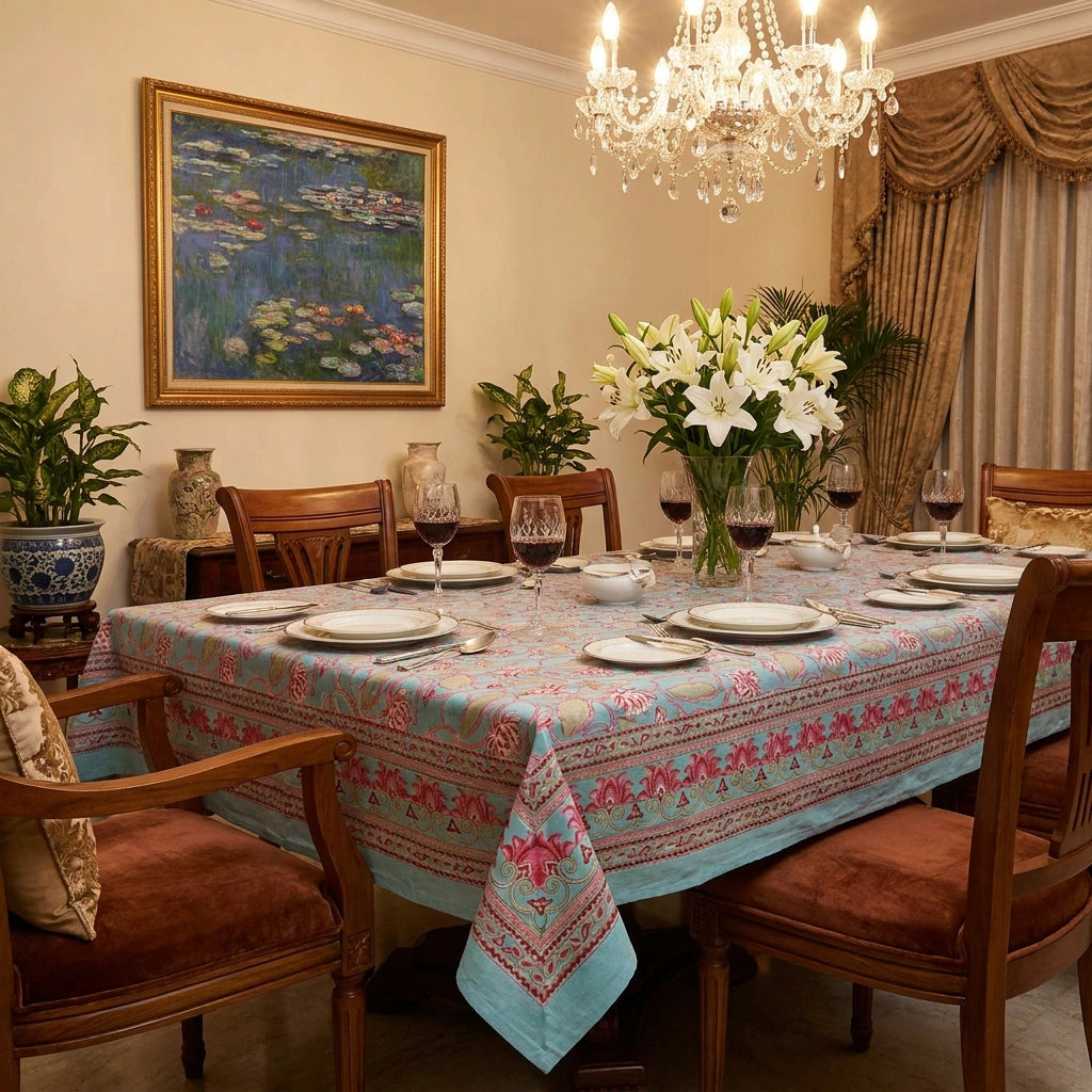 6-8 Seater Large Tablecloth With Floral Prints | Lotus Lake Jade 202202