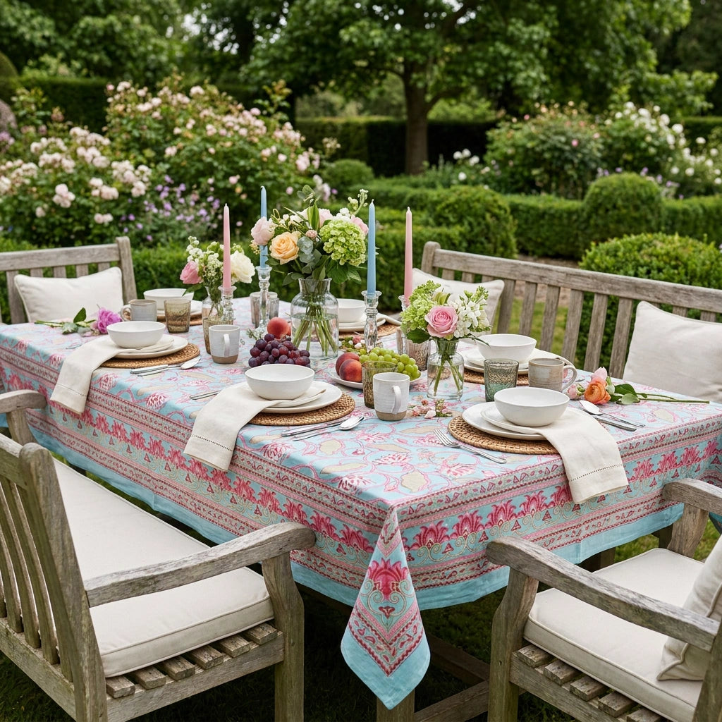 A rectangular outdoor dining table set with a light blue and pink patterned tablecloth, white plates, folded cream napkins, candles, and floral centerpieces, surrounded by wooden garden chairs in a lush green garden.