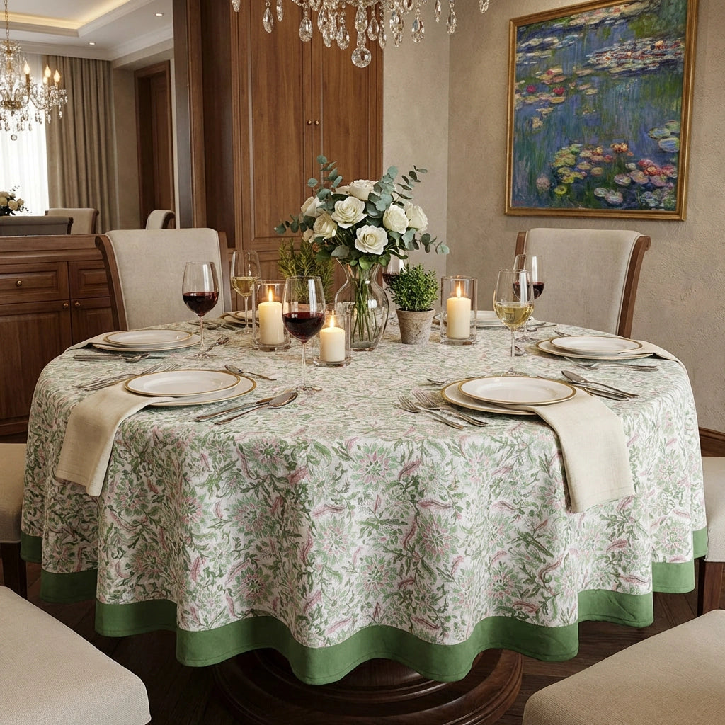 A round dining table covered with a light green and white floral tablecloth, set with white plates, folded napkins, wine glasses, candles, and a floral centerpiece in a styled dining room.