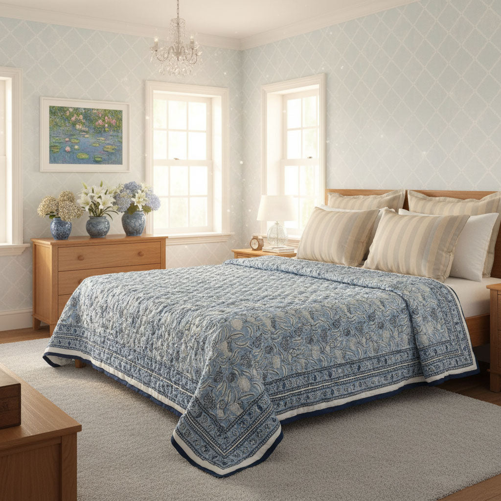 Jaipur Quilt For Single Bed | Meadow Song Blue 202513