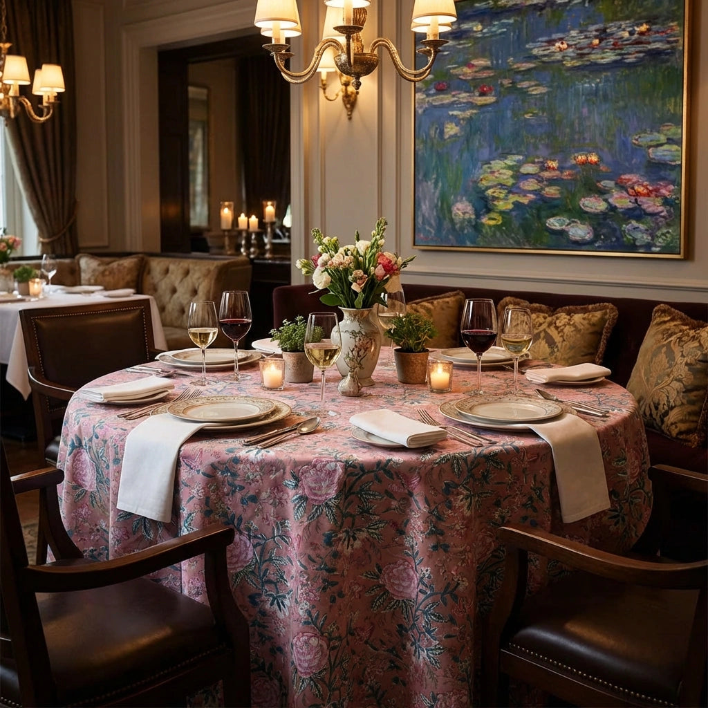 A round dining table set for six in a warmly lit restaurant, covered with a pink floral tablecloth. The table is styled with white plates, folded napkins, wine glasses, candles, and a small floral centerpiece.