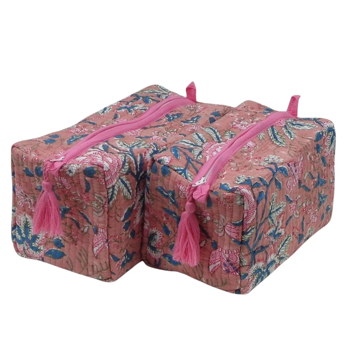 Hand Block Printed Cotton Quilted Cosmetic Bag (Set of 2) | Misty Rose Gud 202873