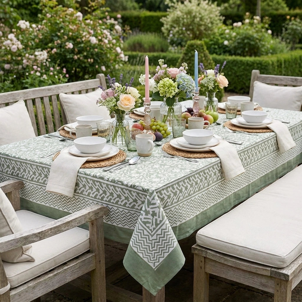 A rectangular outdoor dining table set with a sage green and white patterned tablecloth, white plates, cream napkins, woven placemats, and floral centerpieces, surrounded by wooden garden chairs with white cushions in a lush garden setting.