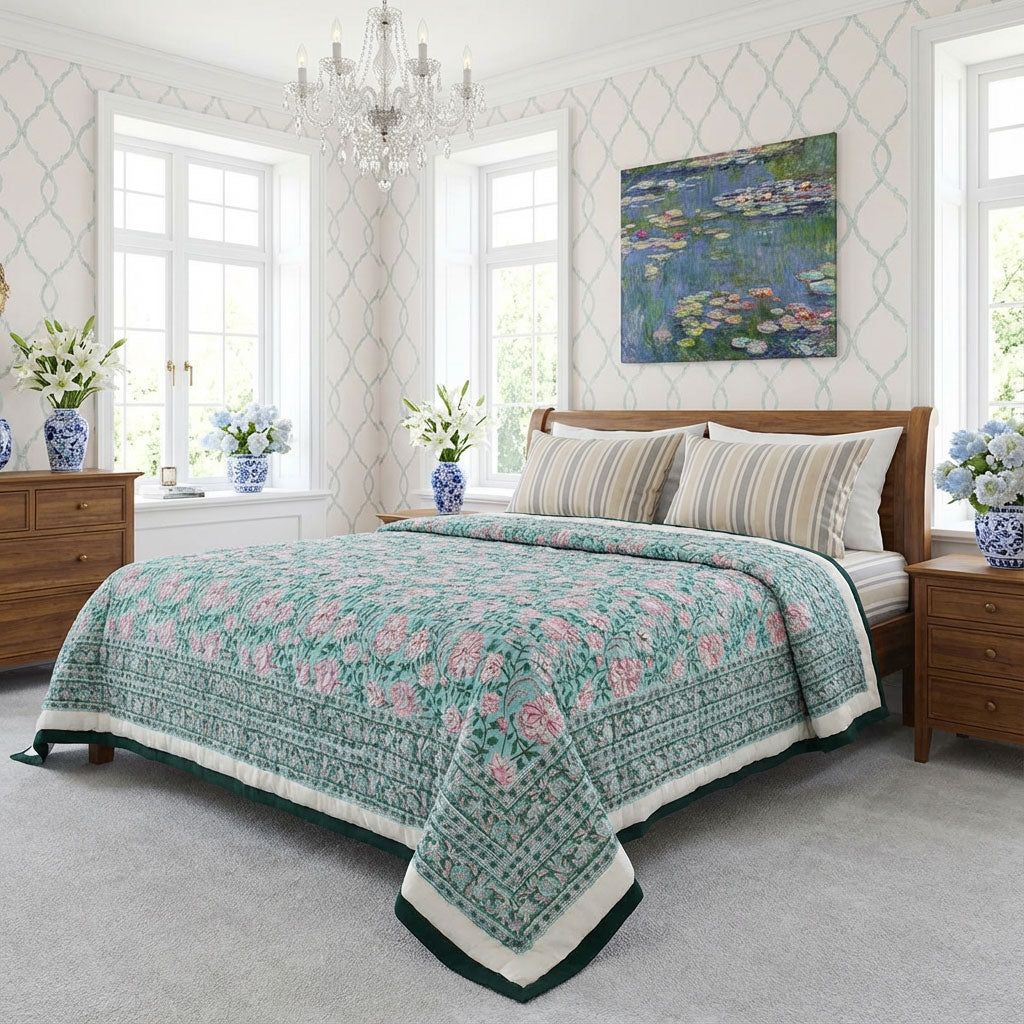 Single Size Hand Block Printed Cotton Quilt | Mohini Green Gud 620605