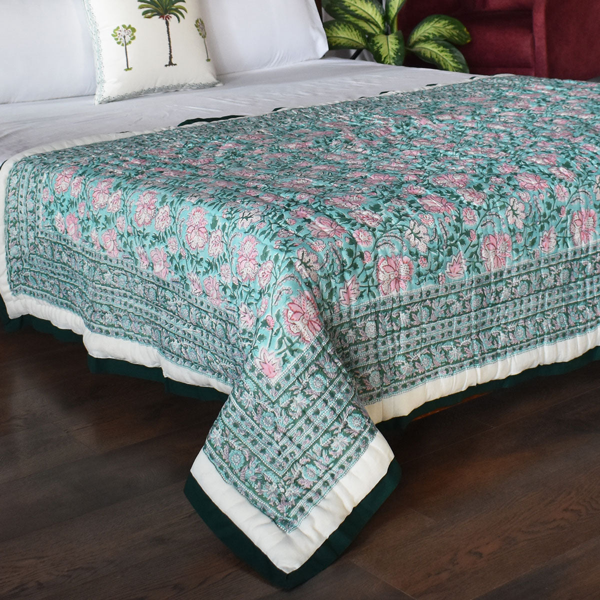Single Size Hand Block Printed Cotton Quilt | Mohini Green Gud 620605