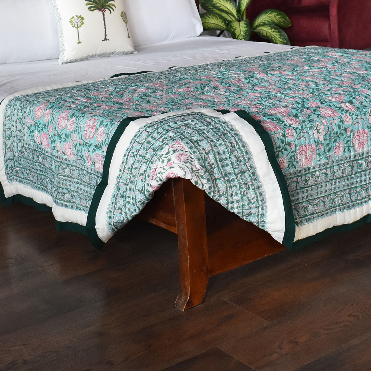 Single Size Hand Block Printed Cotton Quilt | Mohini Green Gud 620605