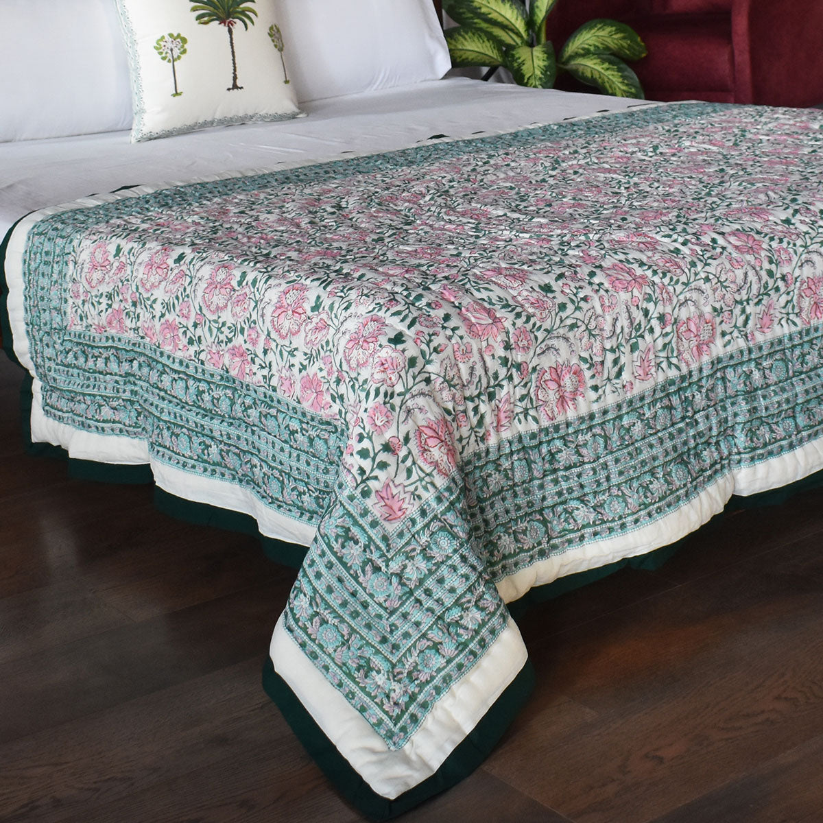 Single Size Hand Block Printed Cotton Quilt | Mohini Green Gud 620605