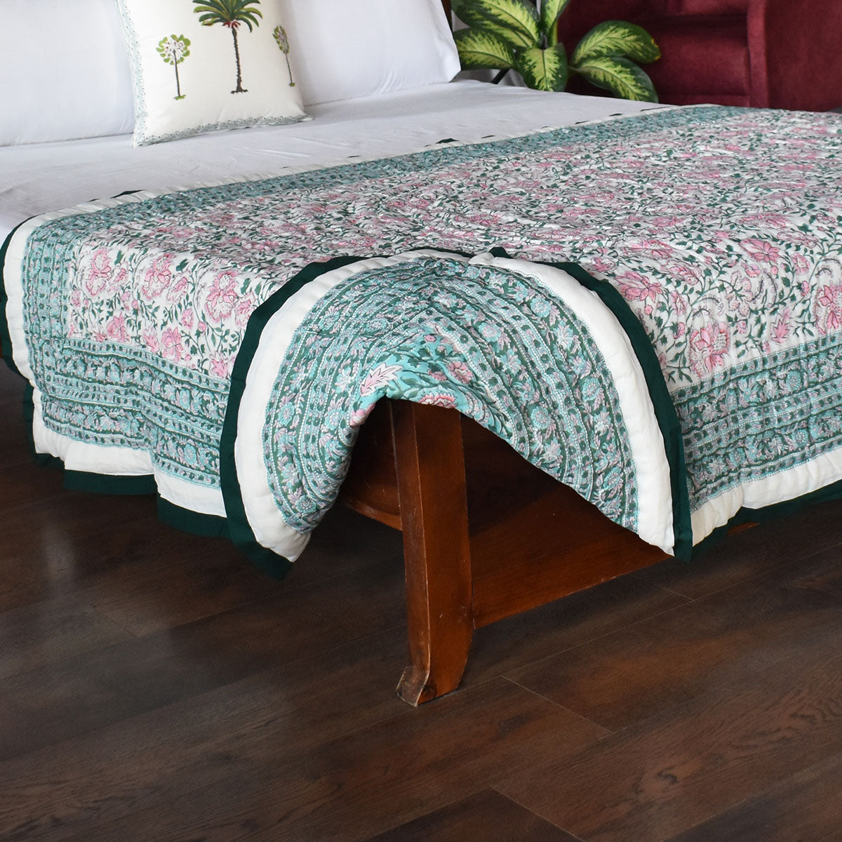 Single Size Hand Block Printed Cotton Quilt | Mohini Green Gud 620605