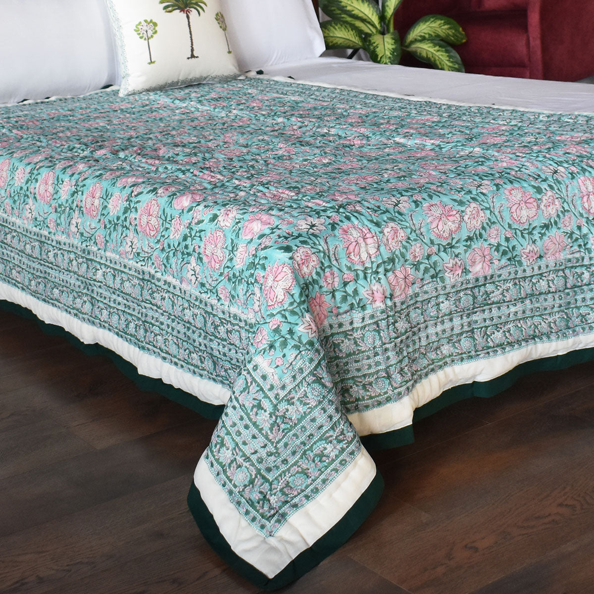 Single Size Hand Block Printed Cotton Quilt | Mohini Green Gud 620605