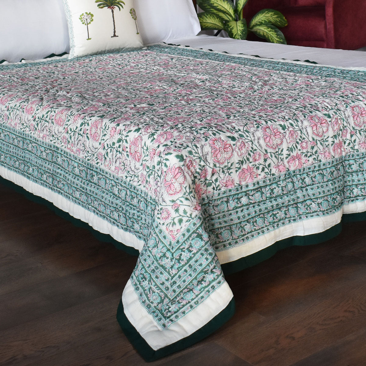 Single Size Hand Block Printed Cotton Quilt | Mohini Green Gud 620605