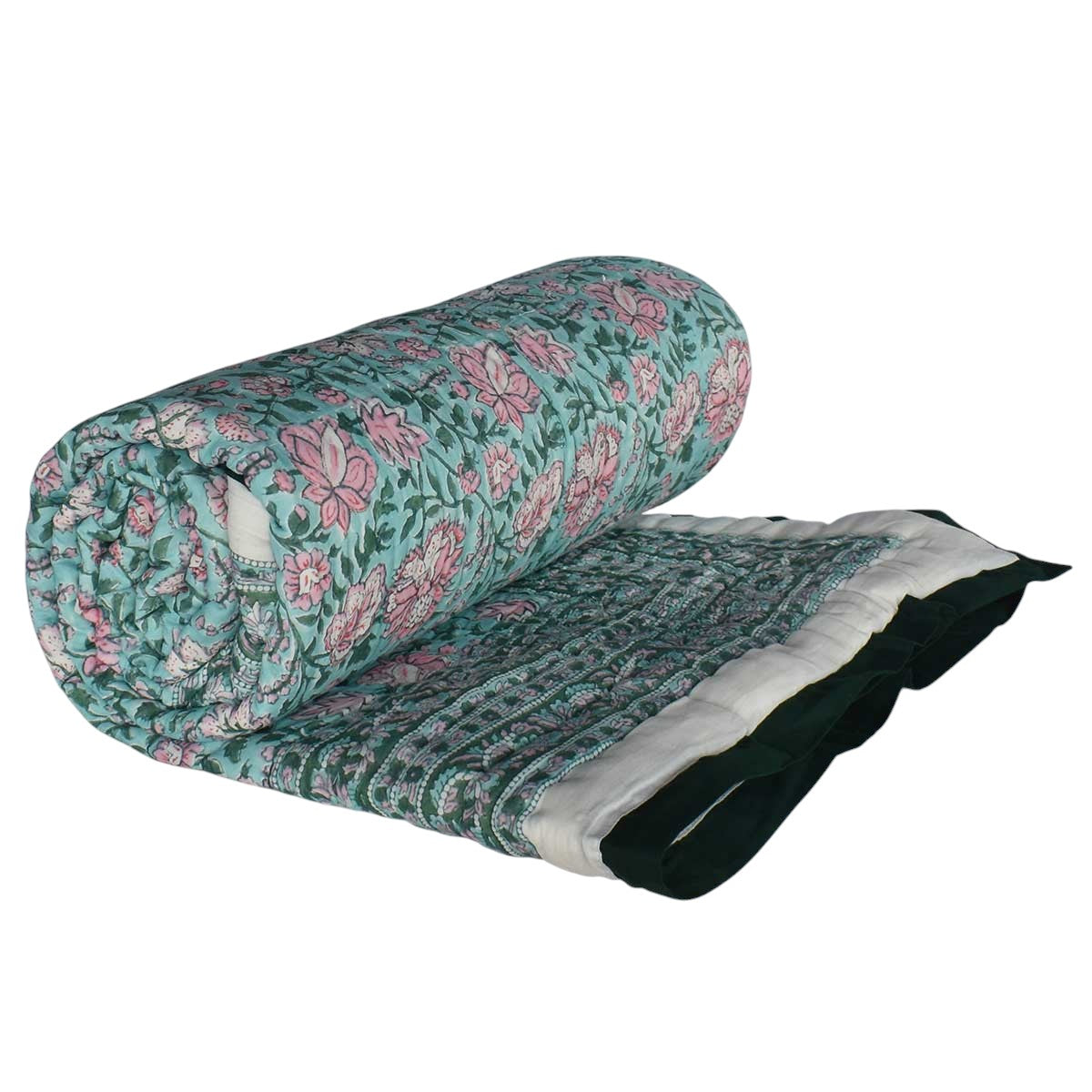 Single Size Hand Block Printed Cotton Quilt | Mohini Green Gud 620605