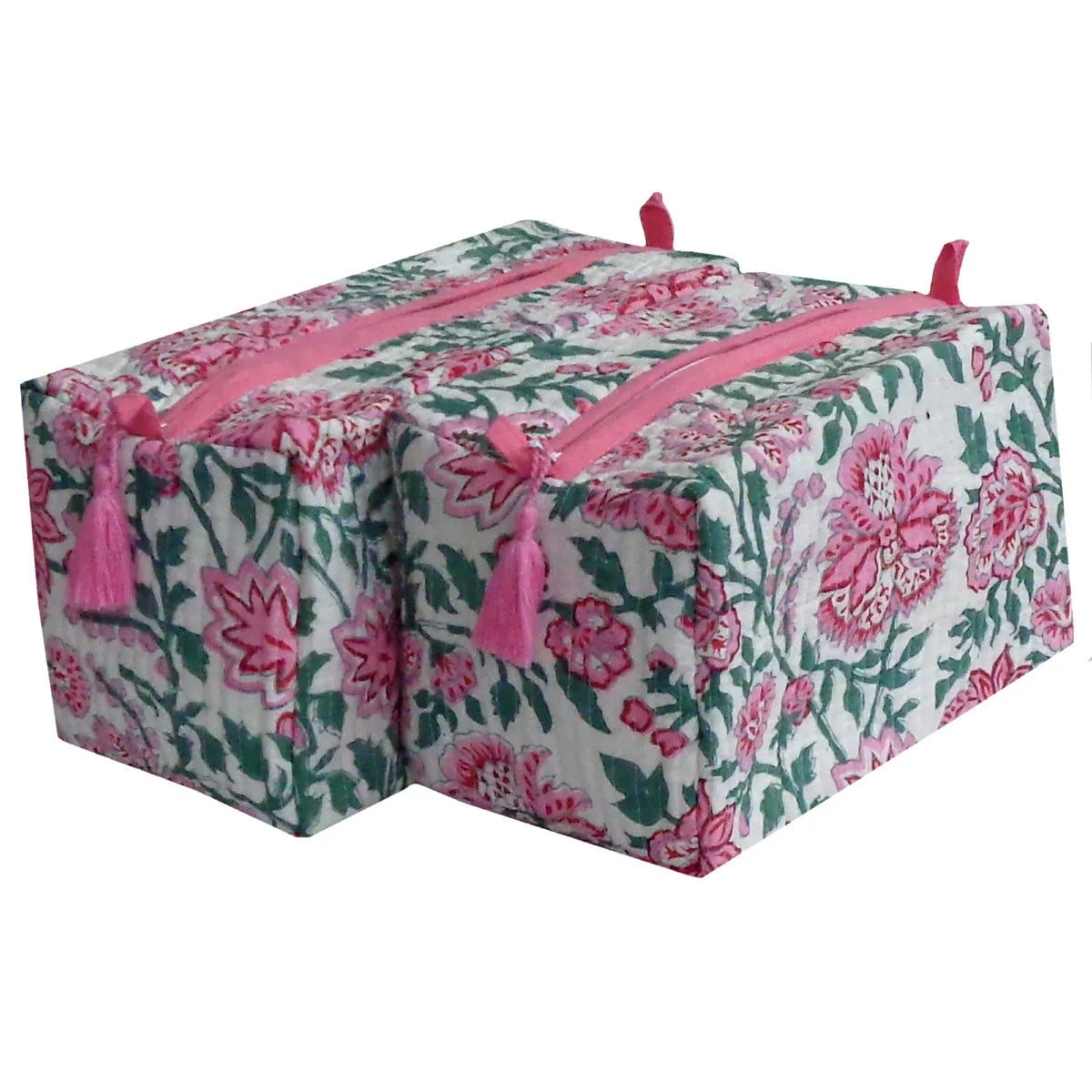 Two rectangular zippered storage bags with a pink and green floral print on a white background, featuring pink tassels on the zipper pulls, shown on a plain white background.