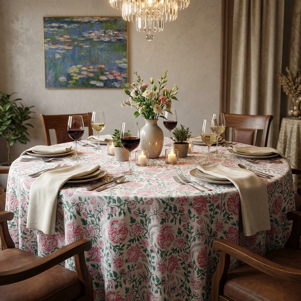 A round dining table set for six with a pink and green floral tablecloth, white napkins, plates, wine glasses, candles, and a vase of flowers in a warmly lit dining room.
