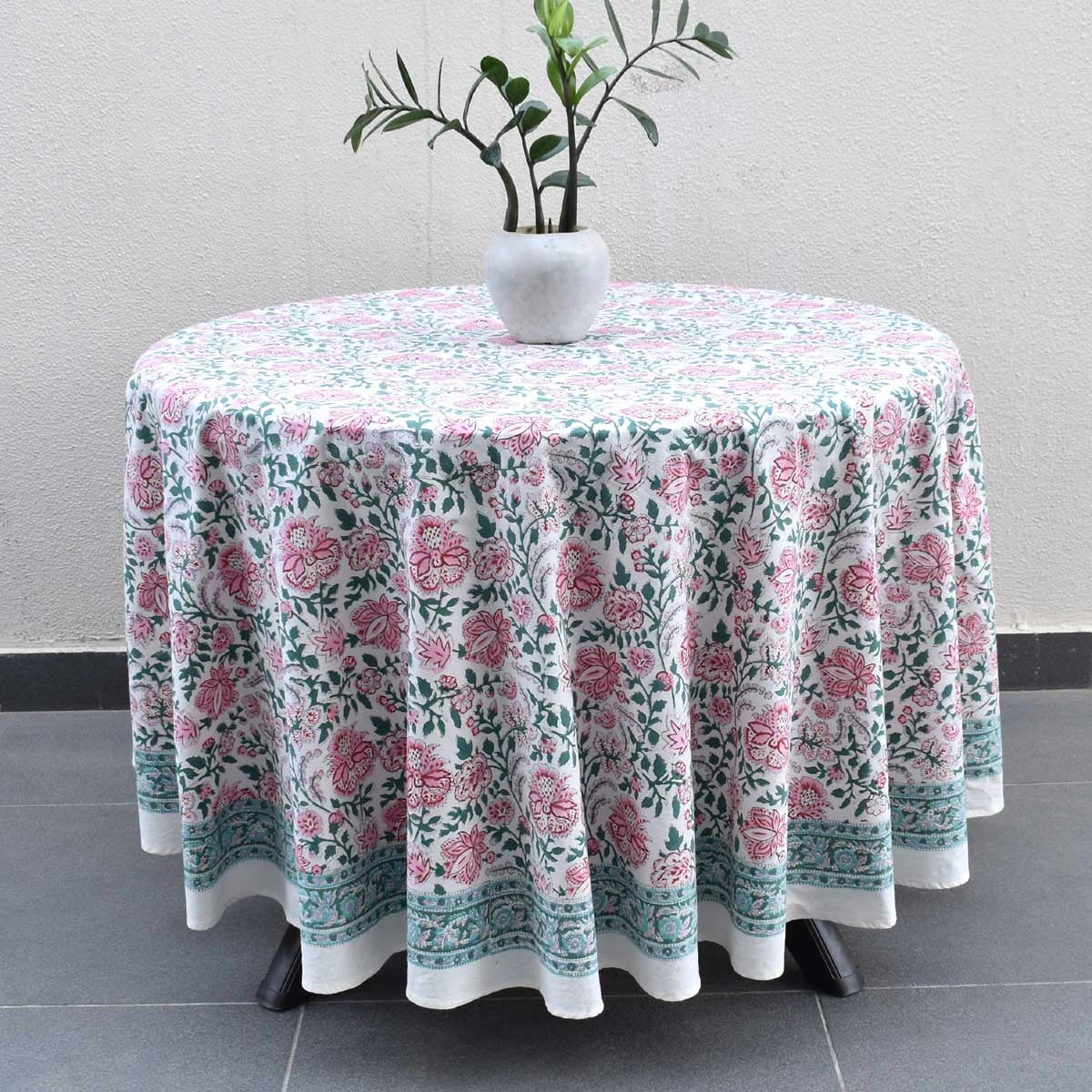 Traditional Indian Block Print Round Table Linen | Mohini Green Open 620606