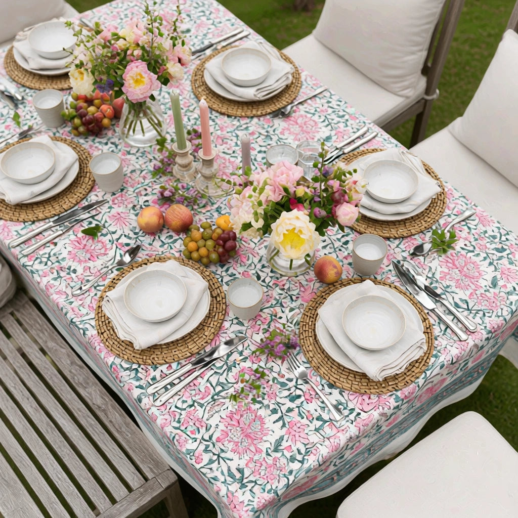72 X 135 Inch Long Cotton Tablecloth Ethnic Prints | Mohini Green Open 620606