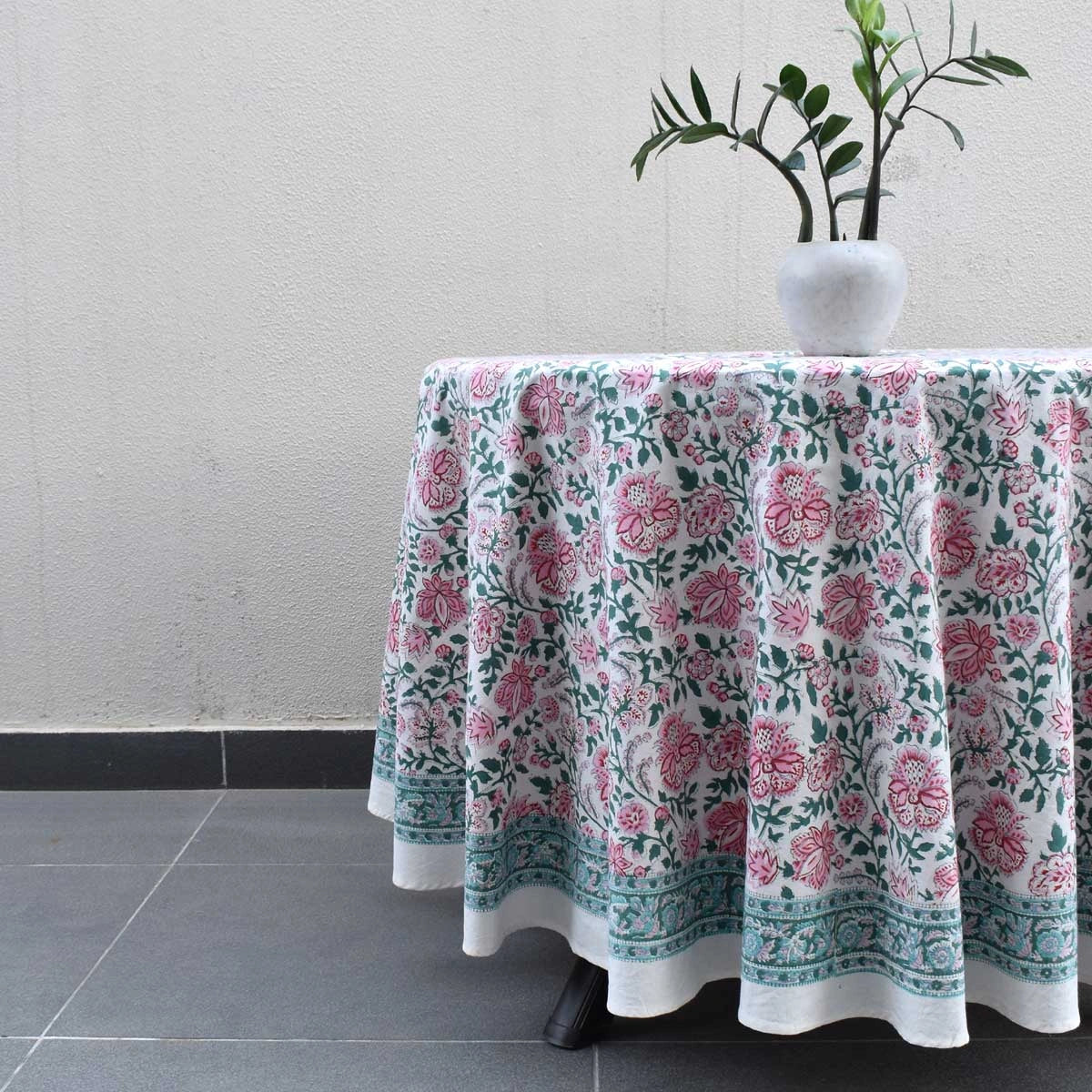 Traditional Indian Block Print Round Table Linen | Mohini Green Open 620606