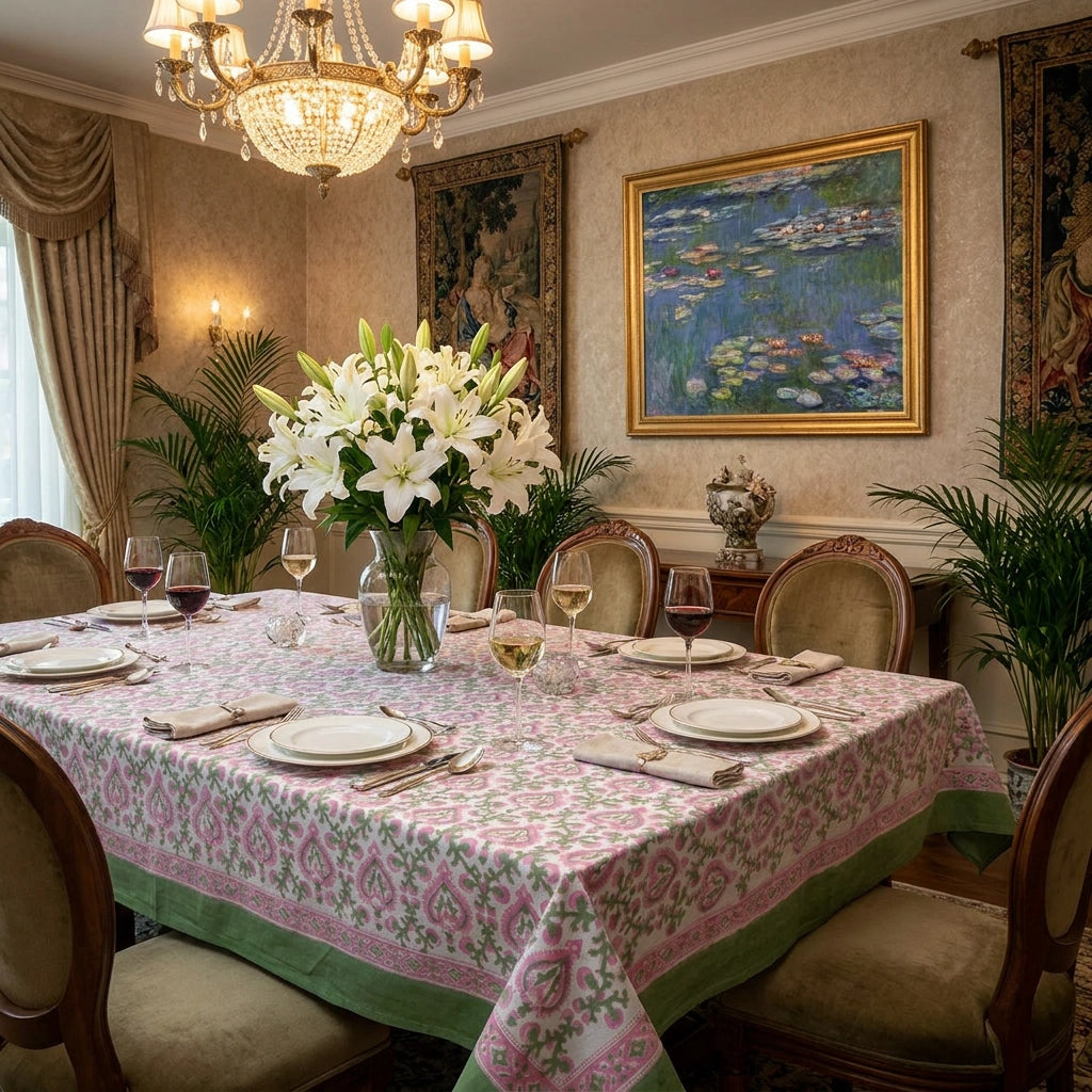 Fine Cotton Long Tablecloth For Large Gatherings | Mughal Pink Green 202520