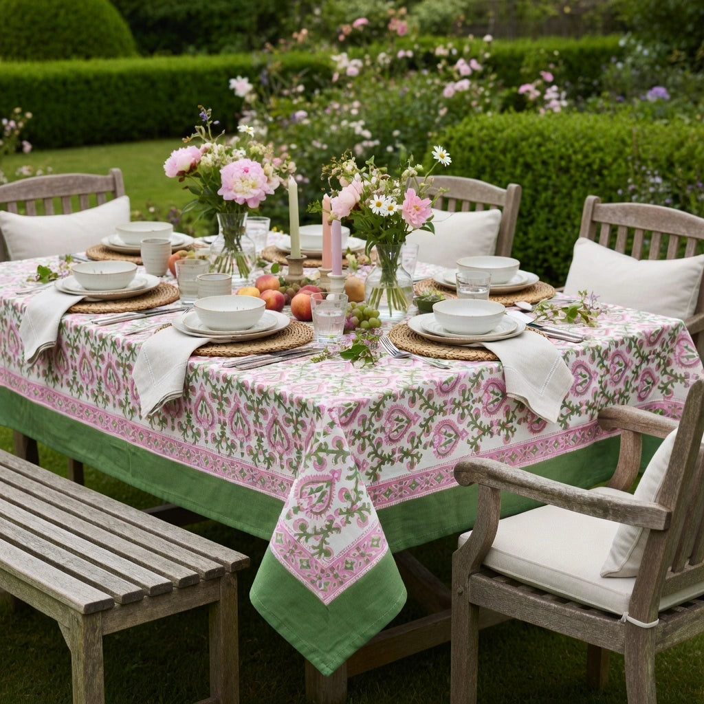 A rectangular outdoor dining table set in a garden with a pink and green floral tablecloth, white plates, folded napkins, woven placemats, and pink and white flower arrangements.