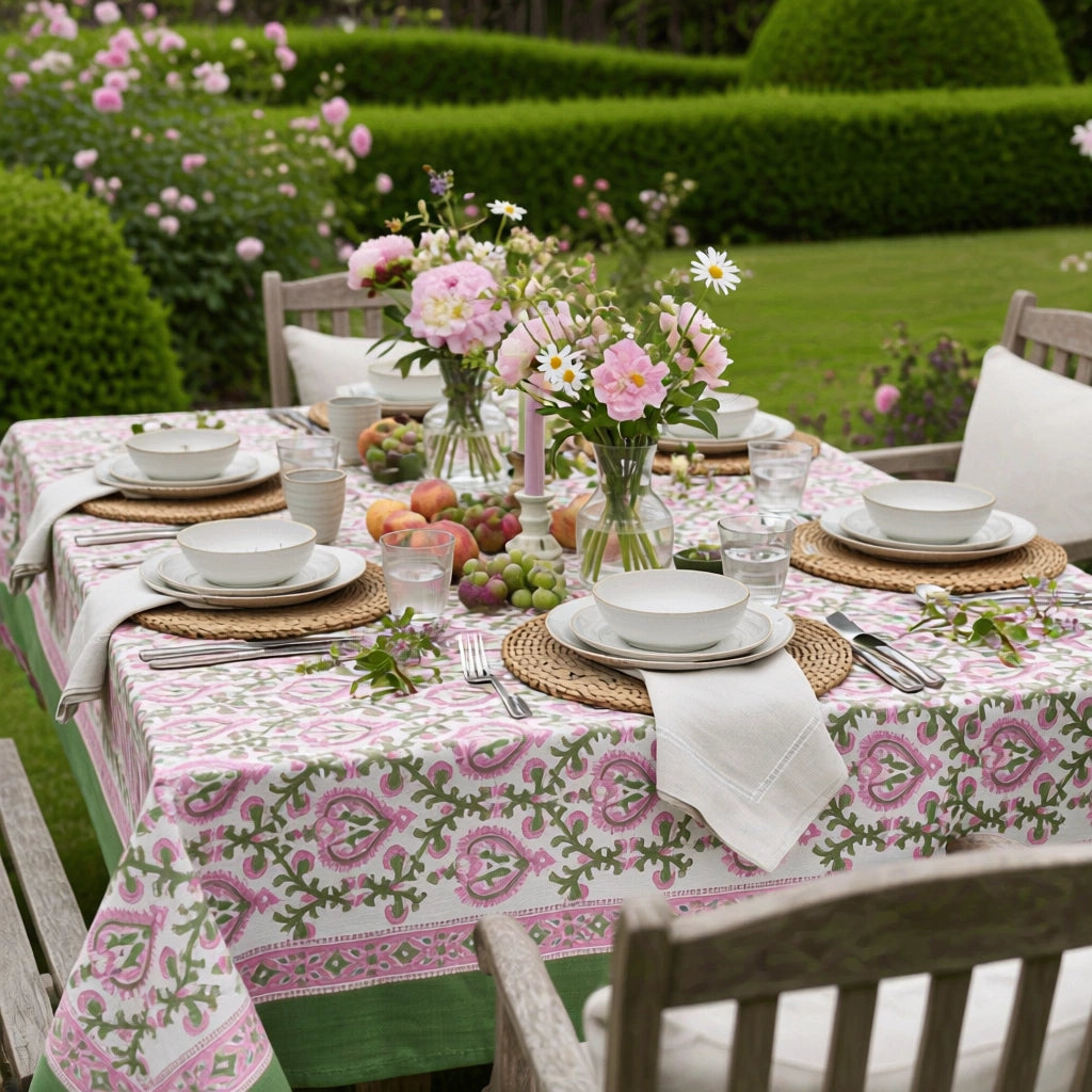 Fine Cotton Long Tablecloth For Large Gatherings | Mughal Pink Green 202520