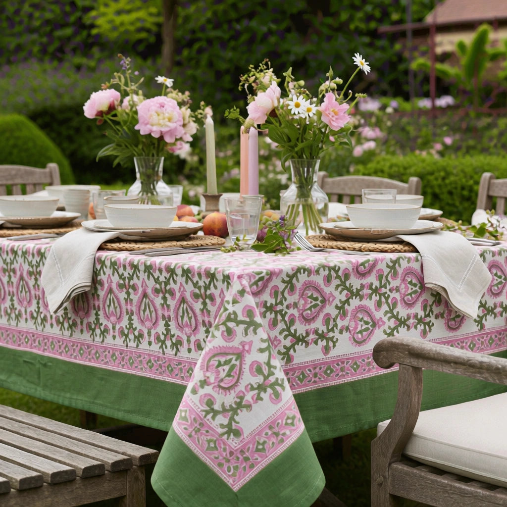 Jaipur Hand Block Large Tablecloth | Mughal Pink Green 202520