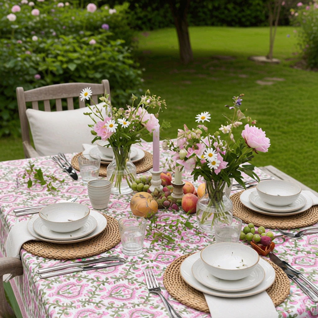 Jaipur Hand Block Large Tablecloth | Mughal Pink Green 202520