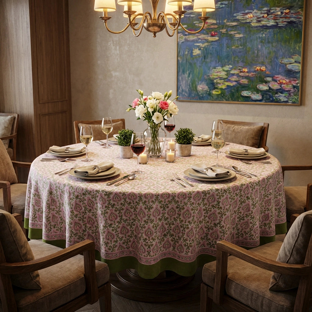 Round 220 cms Cotton French Design Table Cover | Mughal Pink Green 202520