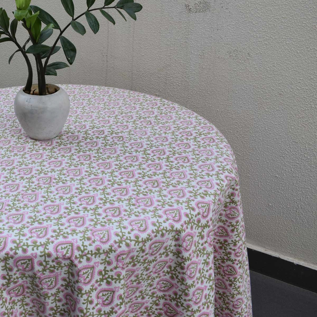 Round 220 cms Cotton French Design Table Cover | Mughal Pink Green 202520