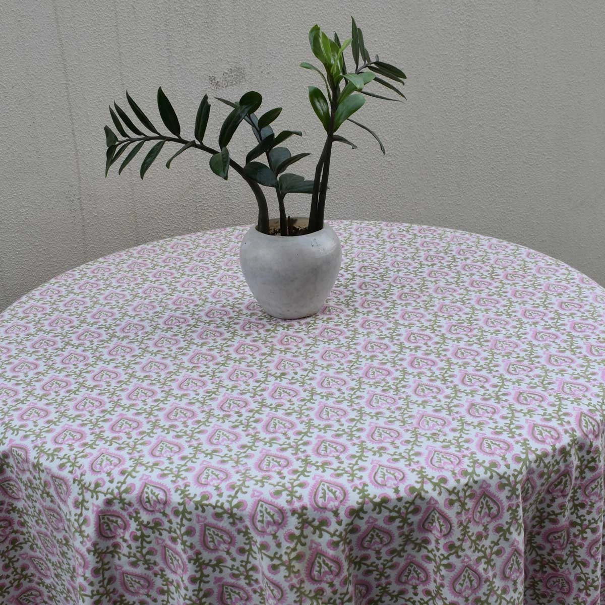 Round 220 cms Cotton French Design Table Cover | Mughal Pink Green 202520