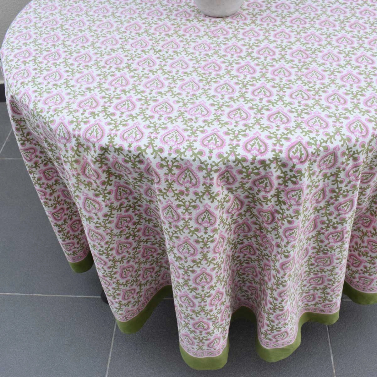 Round 220 cms Cotton French Design Table Cover | Mughal Pink Green 202520