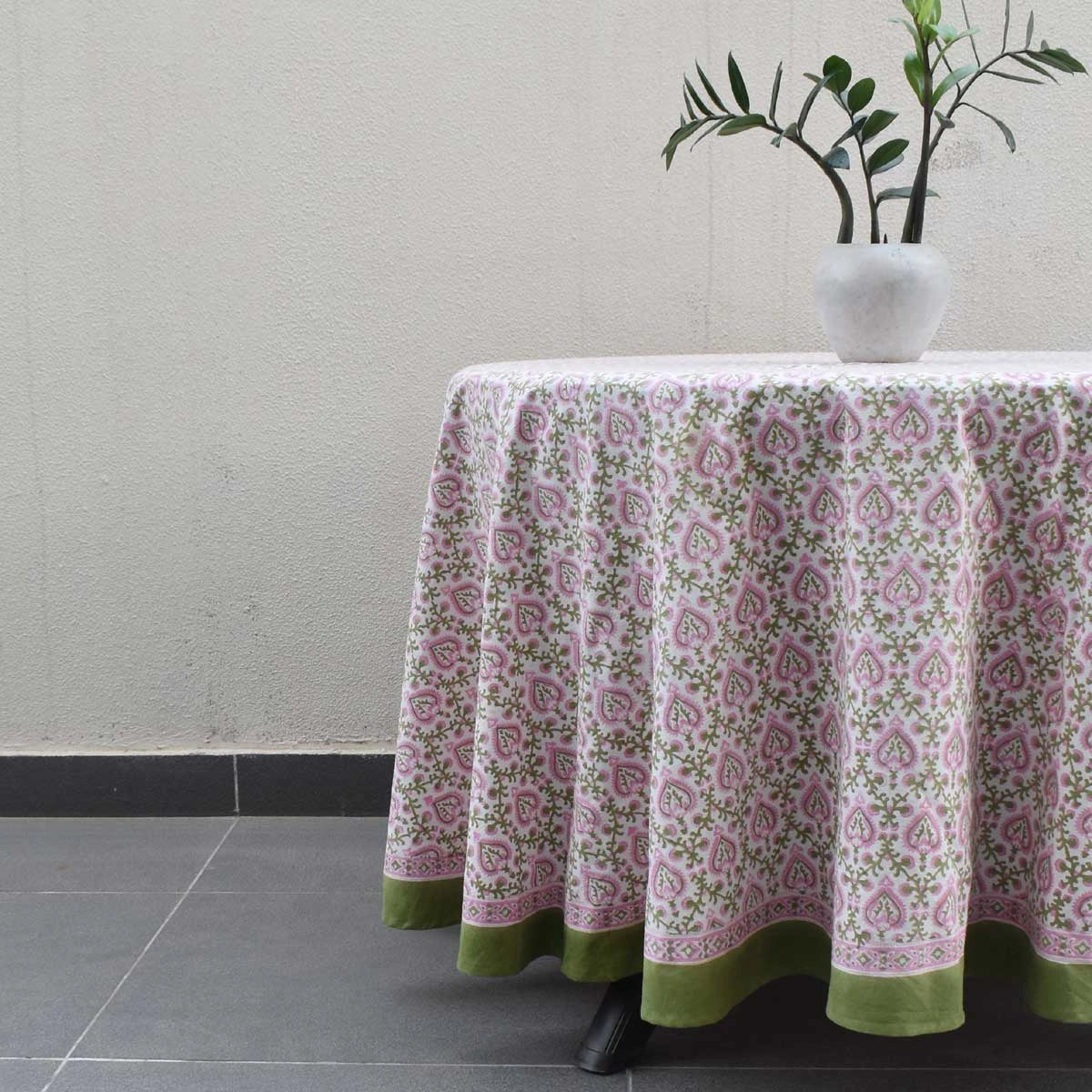 Round 220 cms Cotton French Design Table Cover | Mughal Pink Green 202520